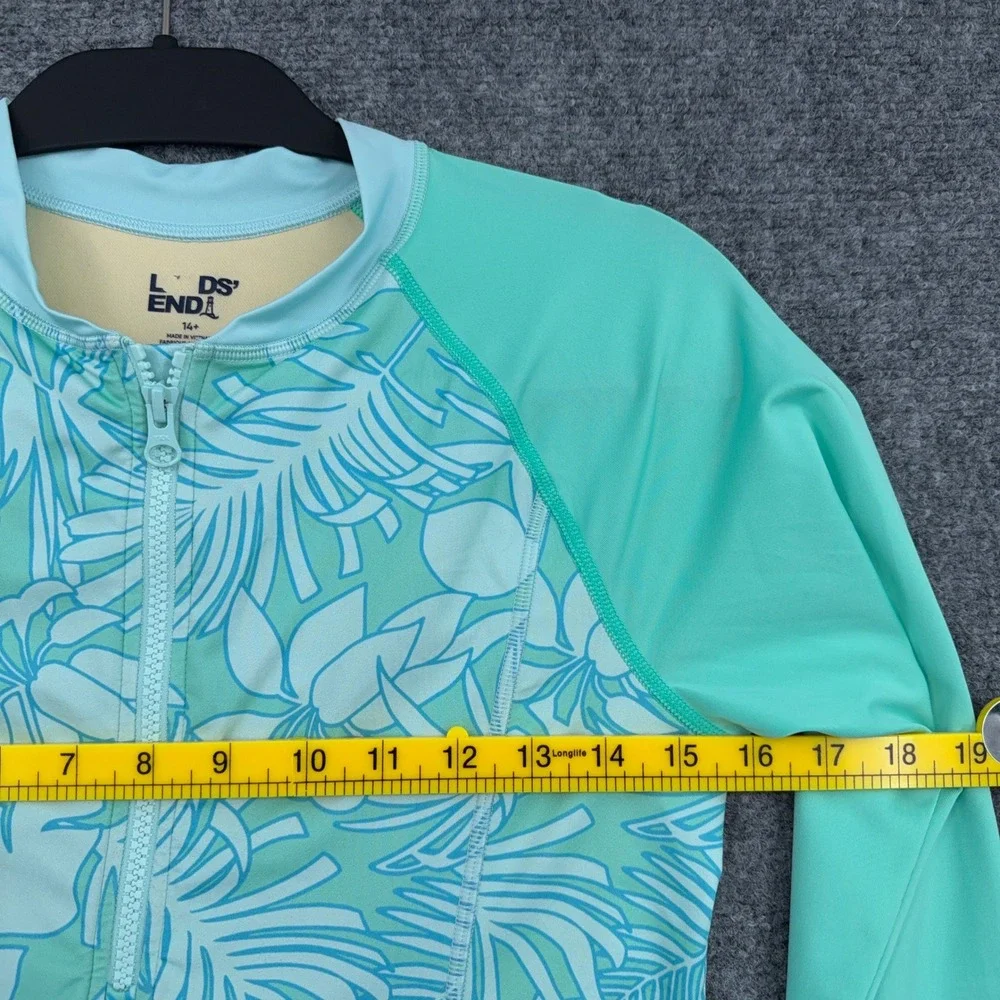 Lands' End Rash Guard Swimsuit Kids 14+ Polyester Spandex Teal Tropical Leaf